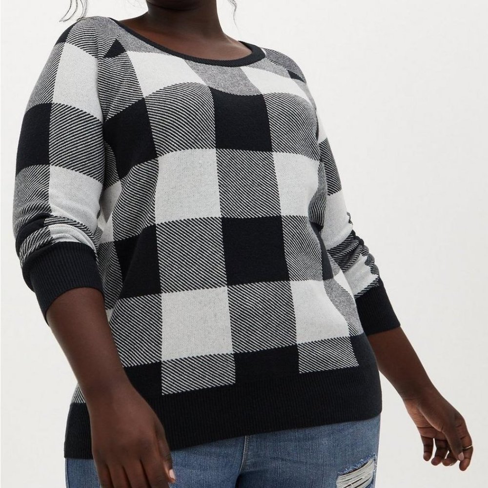 Torrid White and Black Plaid Cotton Pullover Raglan Sweater size 3x